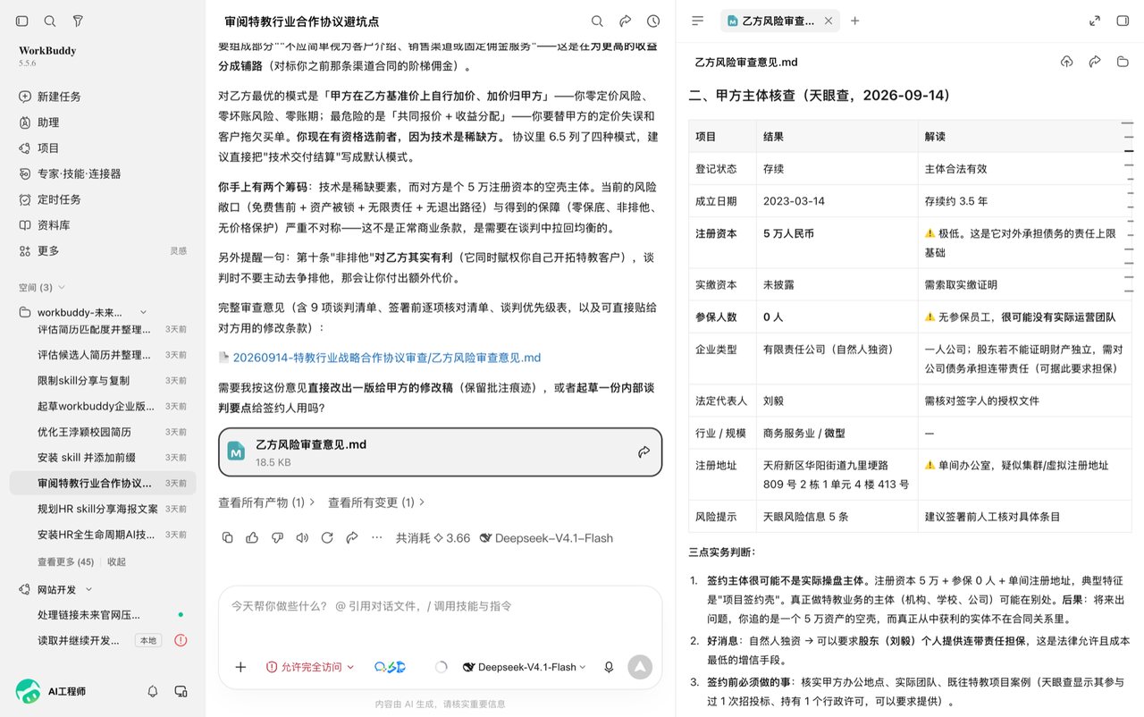 法律服务案例真实工作场景截图：合作协议审查：主体核查、风险提示与谈判清单逐项给
